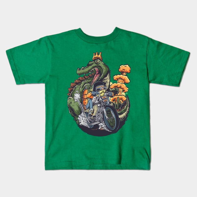 Old biker dinosaur Kids T-Shirt by Mako Design 